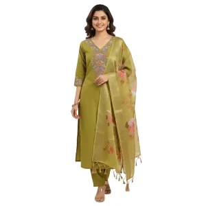 Olive Green Embroidered Kurta With Pant And Floral Design Dupatta